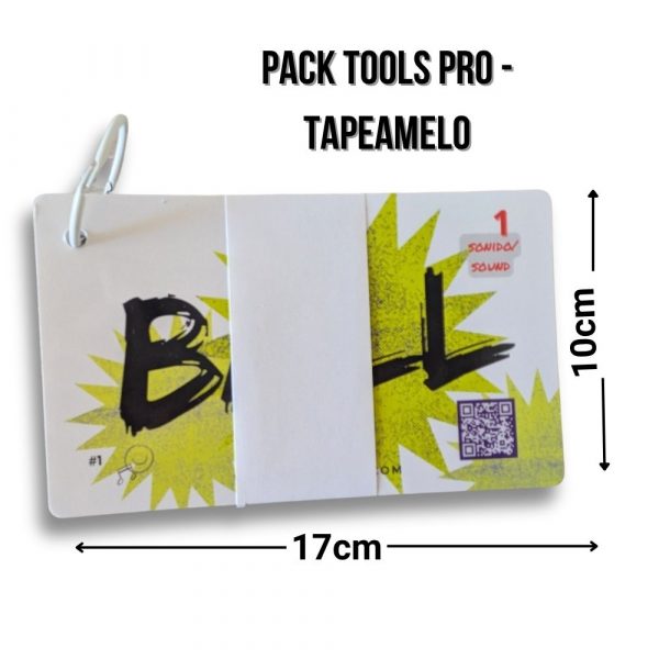 Medidas del Pack TOOLS PRO. Mediadas del Pack TOOLS PRO TAPEAMELO con código QR y diseño visual de pasos de claqué.