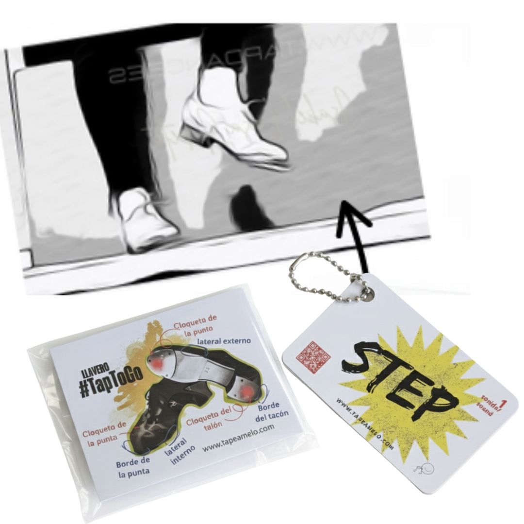 Detalle del llavero TAP TO GO con fichas de pasos de claqué y códigos QR