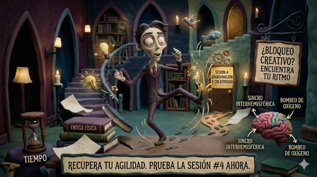 Personaje de estética stop-motion bailando sobre un escritorio, rodeado de ideas brillantes y esquemas cerebrales sobre el ritmo y la creatividad.