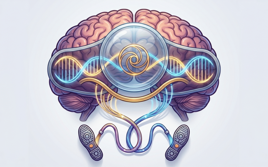 : Ilustración conceptual de un cerebro humano central con una lente de cristal integrada.